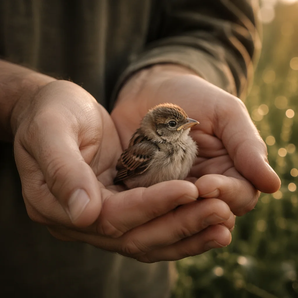 Gentle Hands Cradling Tiny Sparrow