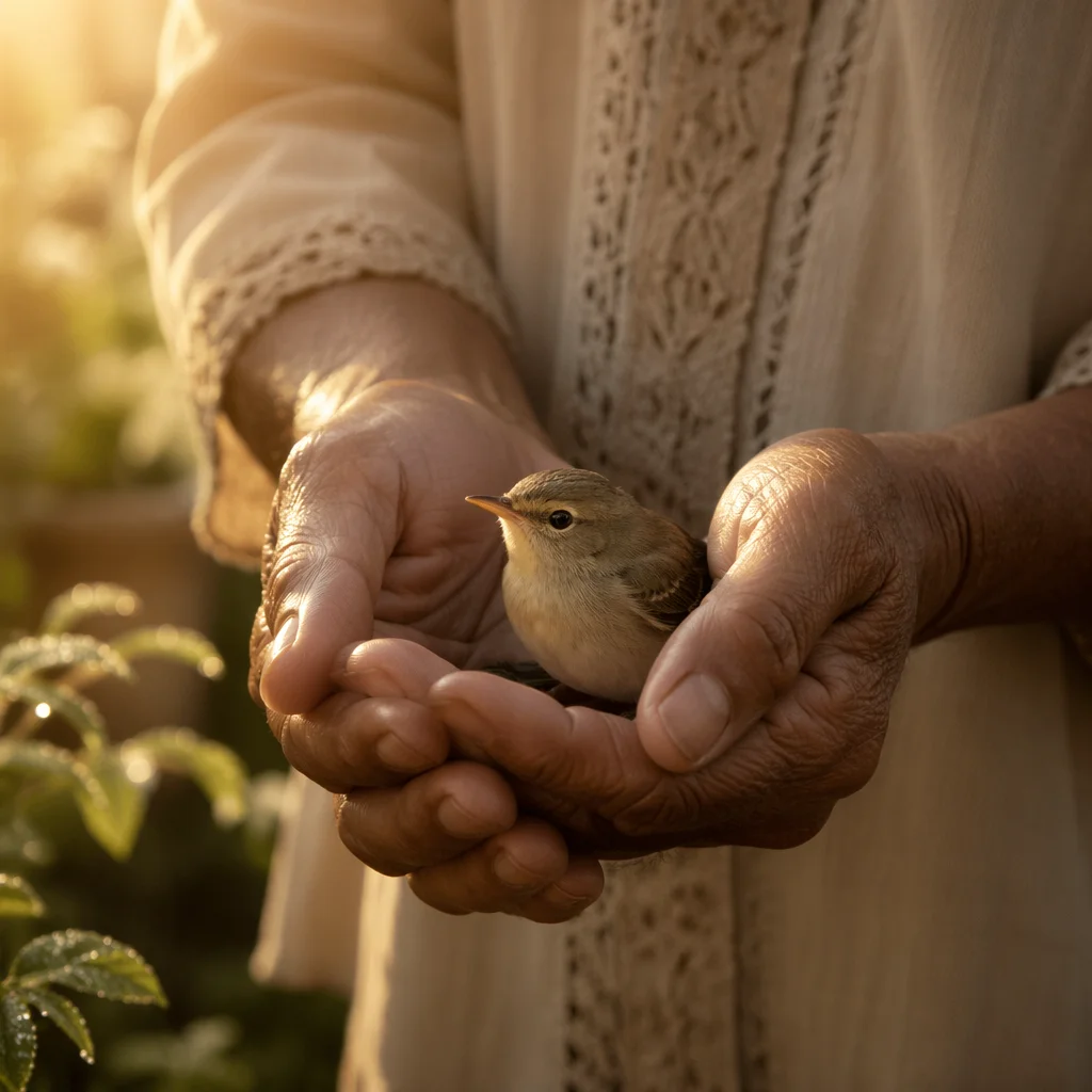 Gentle Hands Cradling Tiny Songbird
