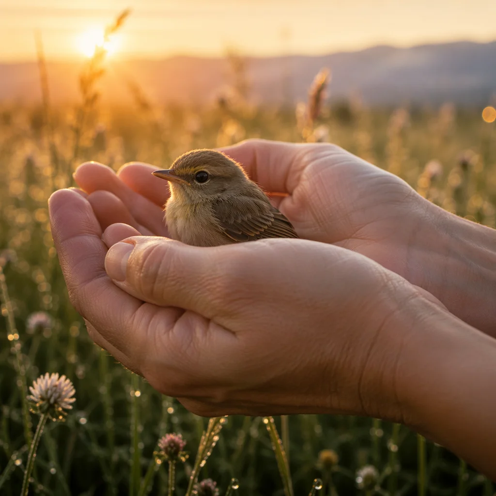 Gentle Hands Cradling Small Songbird