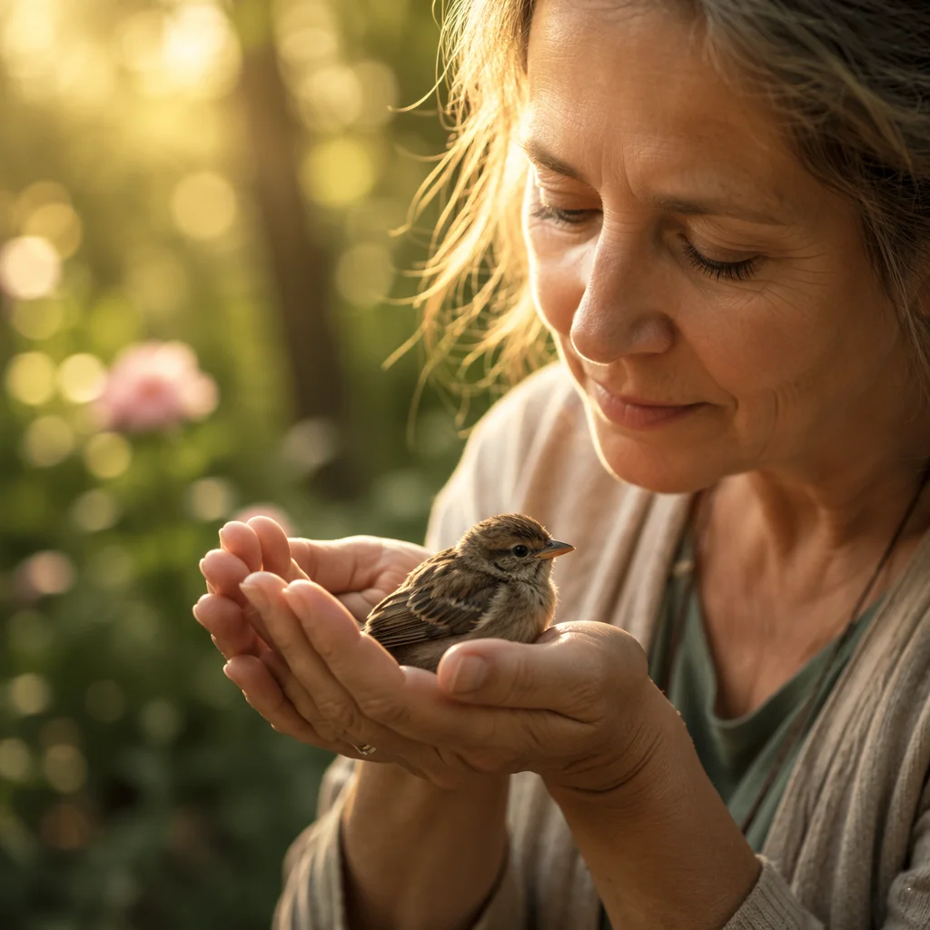 Gentle Hands Cradling a Small Bird