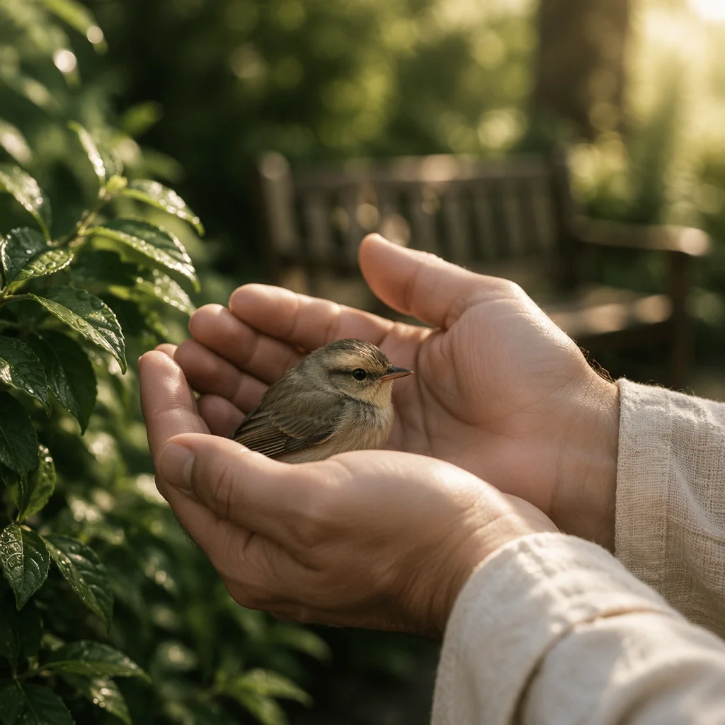 Gentle Hands Cradling a Tiny Songbird