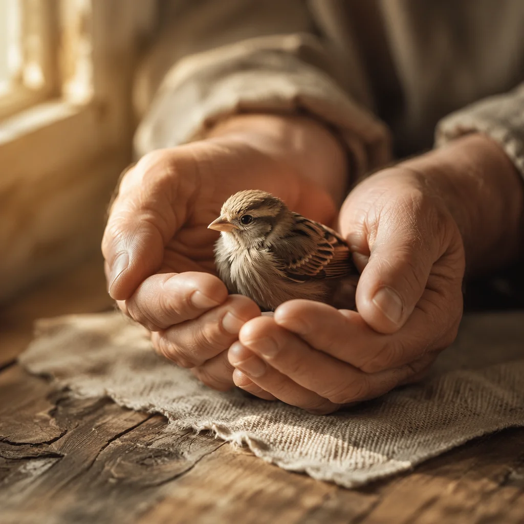 Gentle Hands Cradling Bird in Morning Light