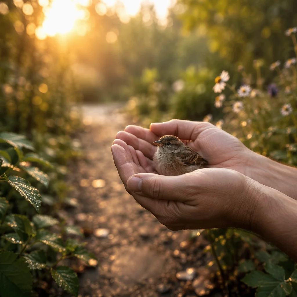 Gentle Hands Protecting a Tiny Sparrow