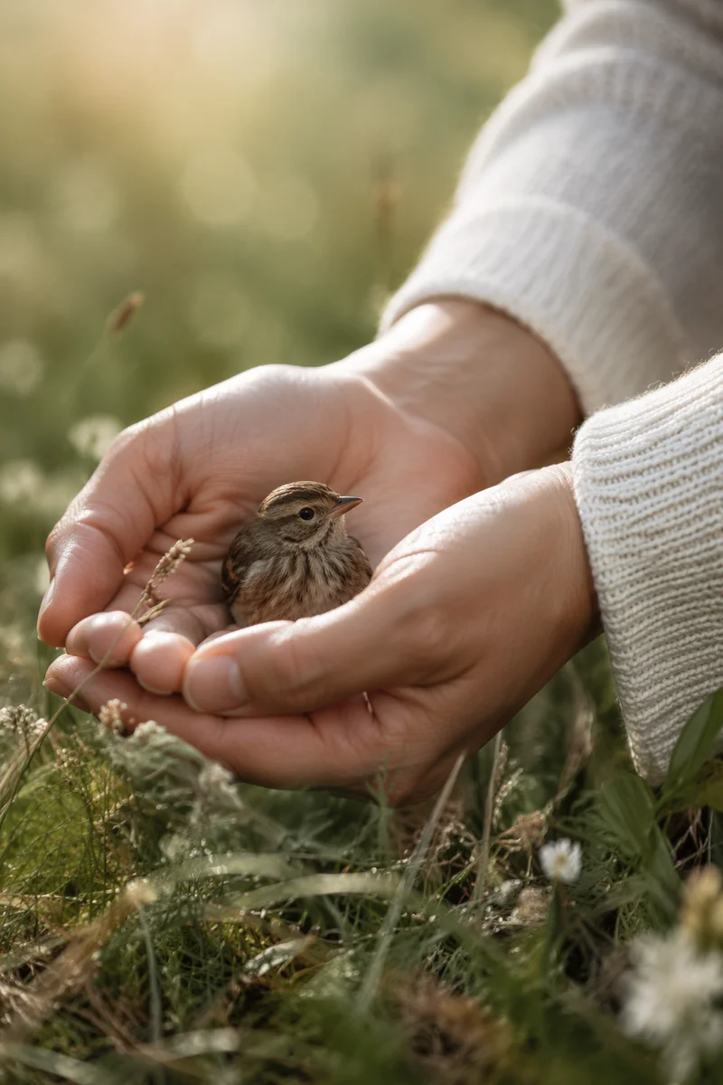 Gentle Hands Cradling a Small Songbird
