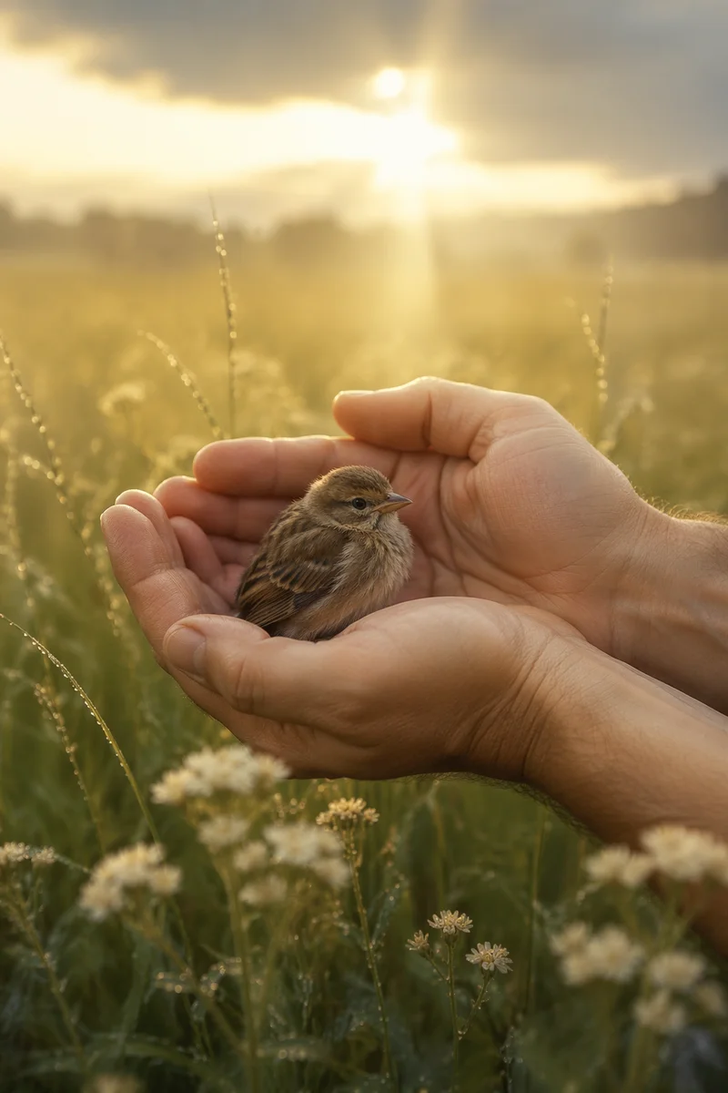 Gentle Hands Cradling a Tiny Sparrow