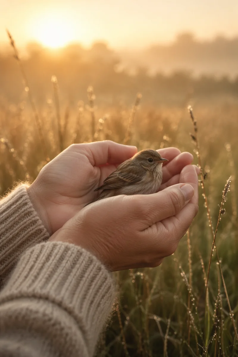 Gentle Hands Cradling a Small Bird