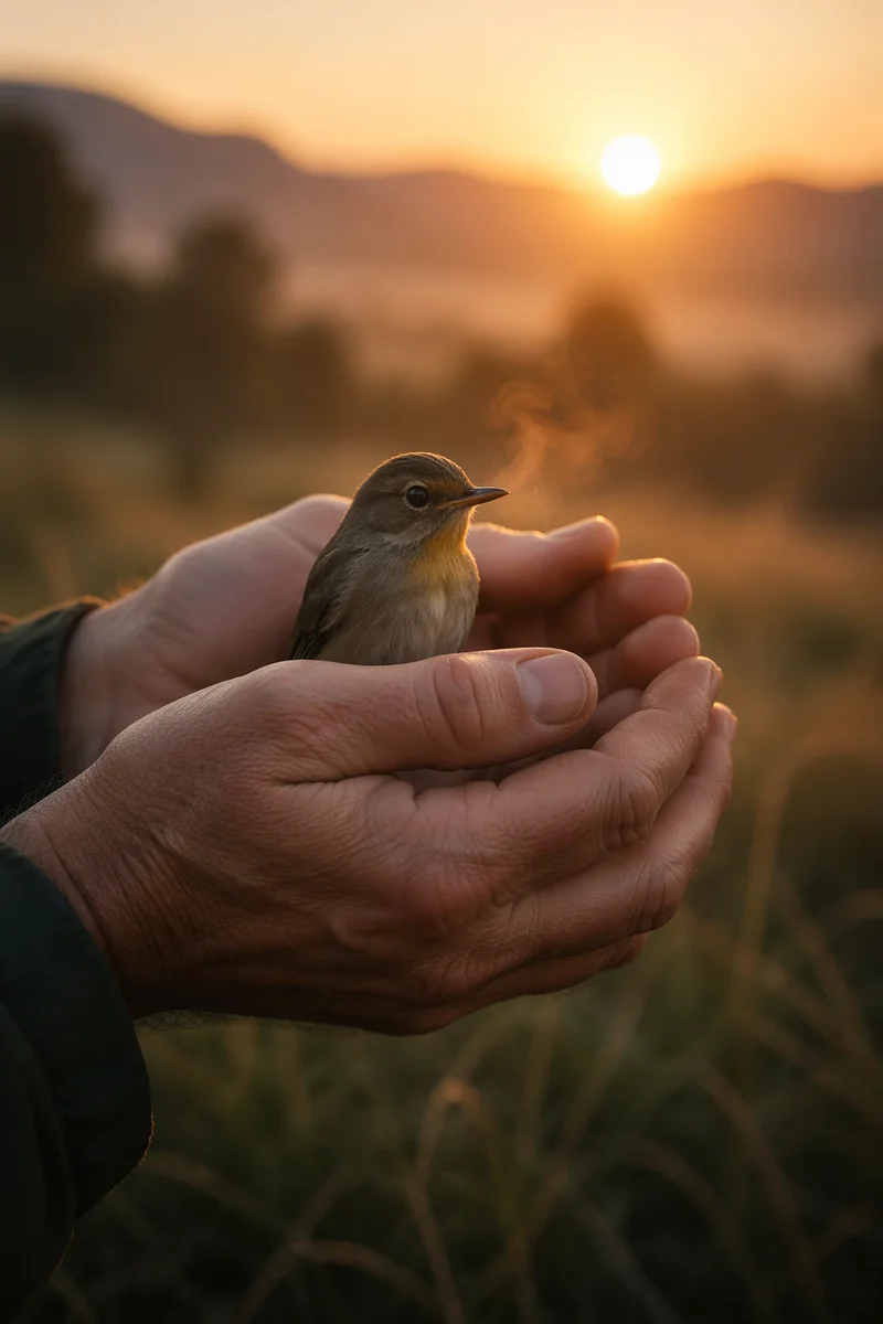 Gentle Hands Cradling Small Bird
