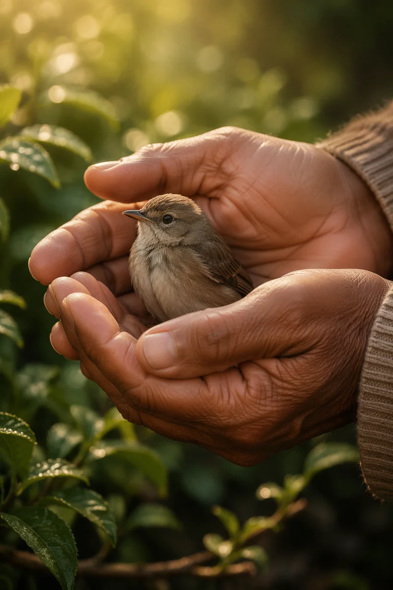 Gentle Hands Cradling Small Bird