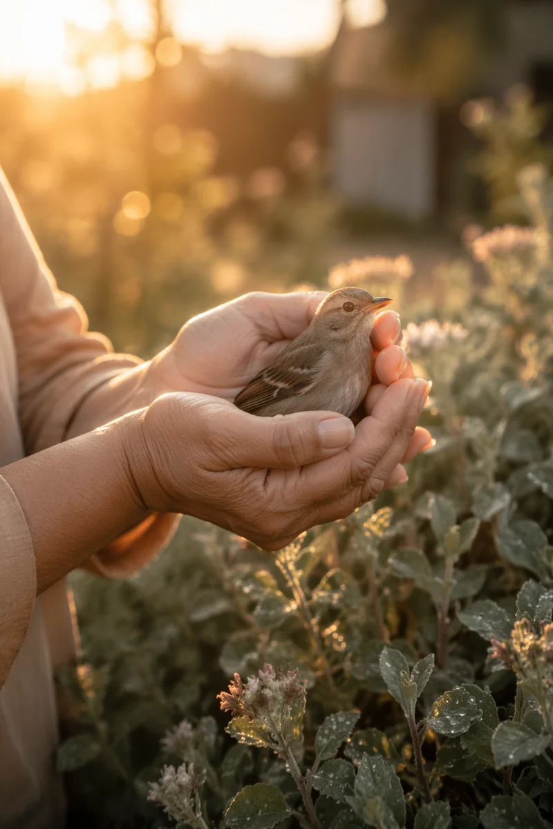 Gentle Hands Cradling a Small Bird