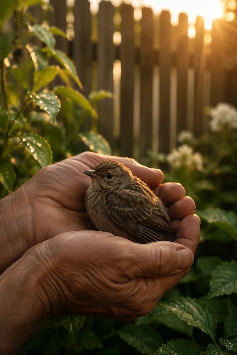 Gentle Hands Cradling a Small Bird