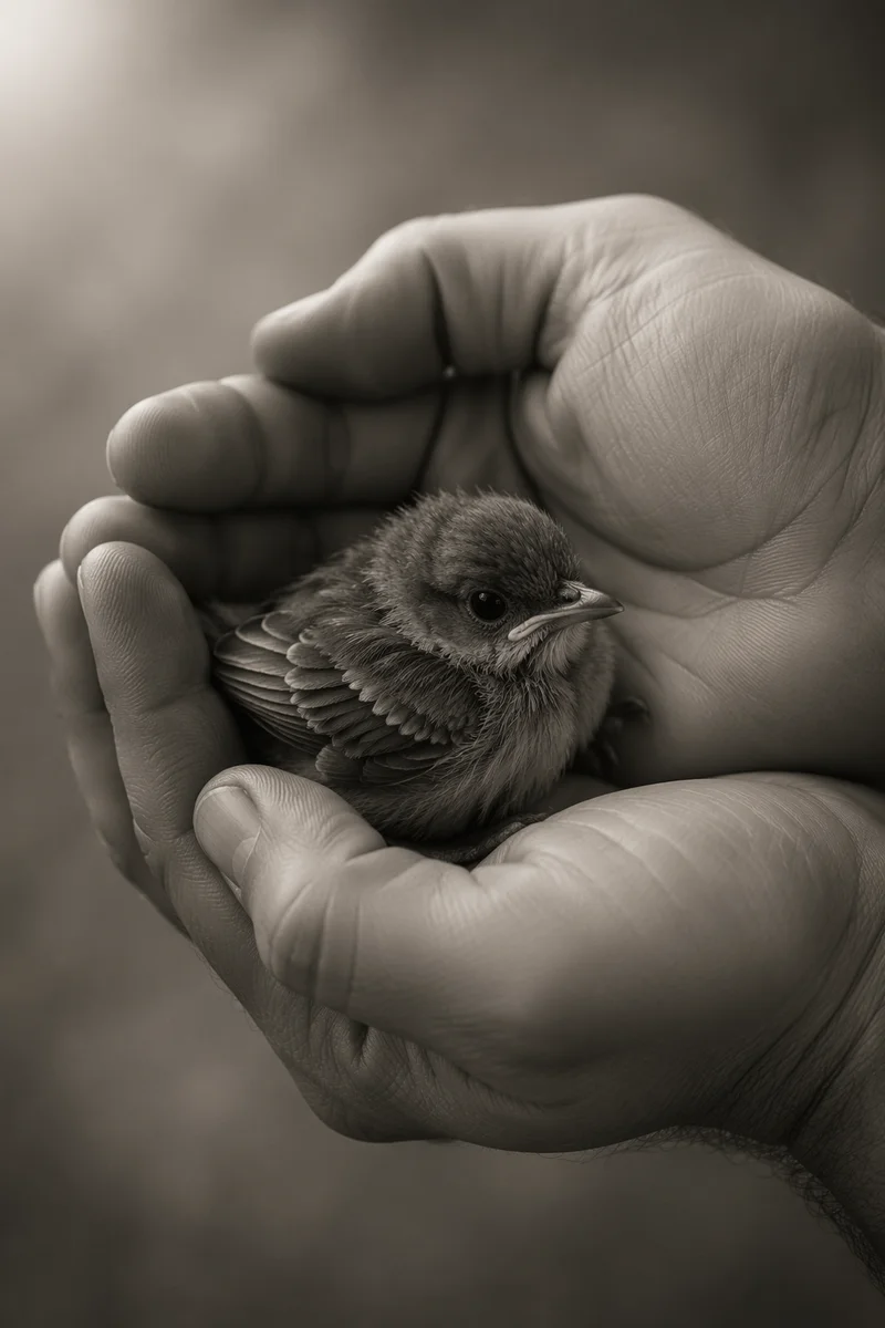 Gentle Hands Cradling a Tiny Fledgling