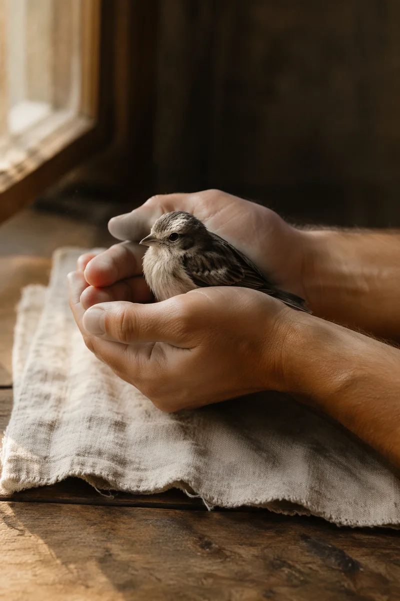 Gentle Hands Cradling a Small Bird