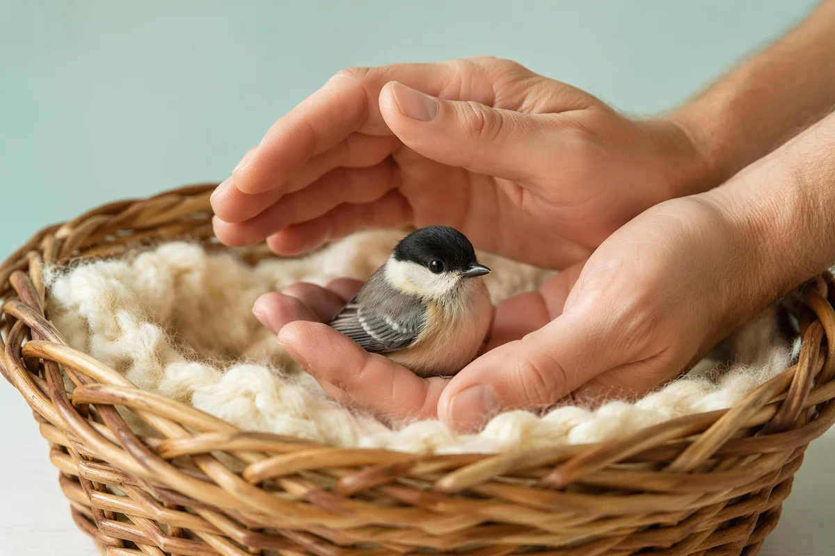 Gentle Hands Protecting a Tiny Songbird