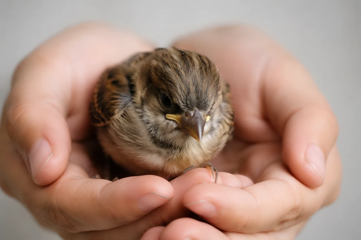 Gentle Hands Cradling a Tiny Sparrow