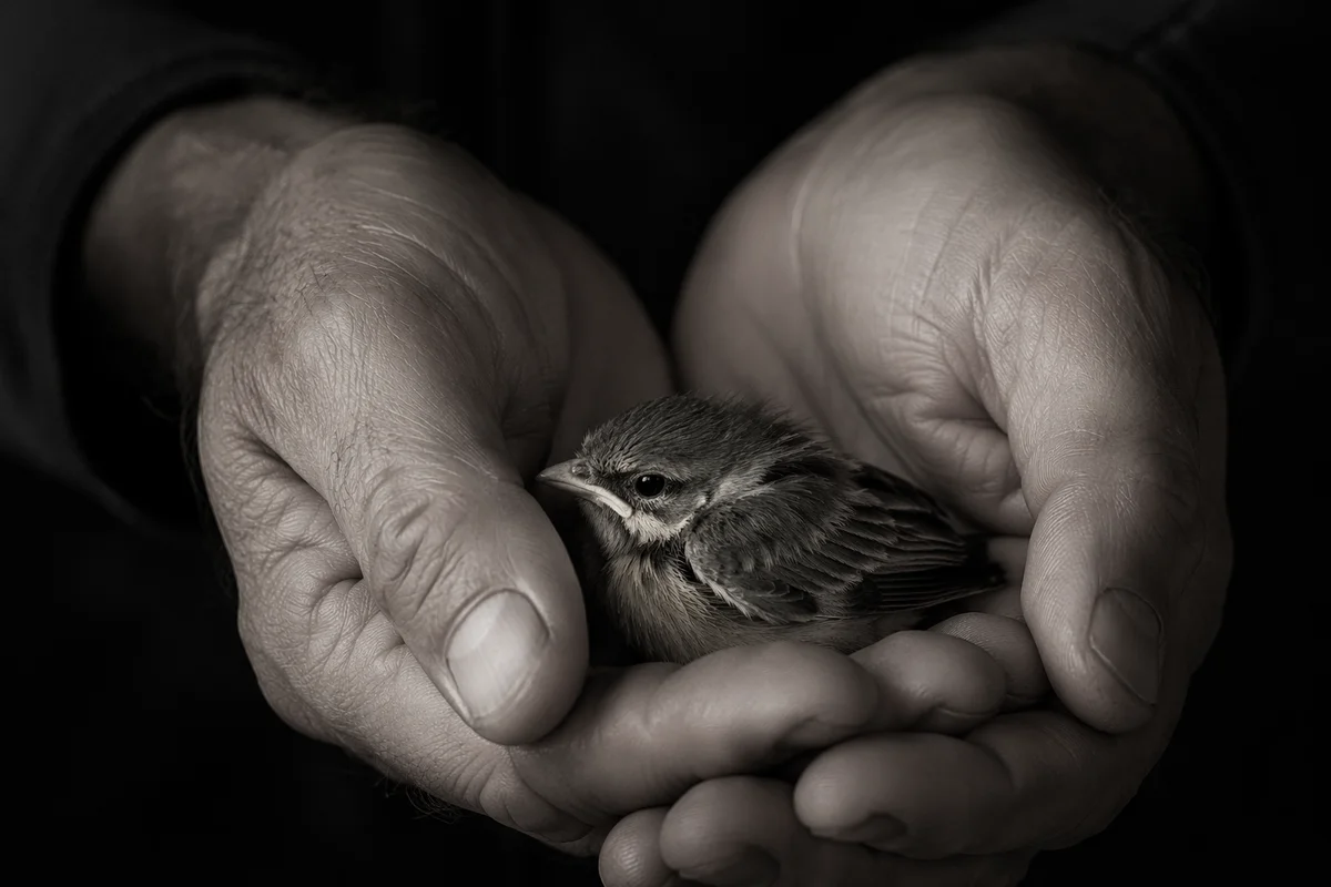 Gentle Hands Cradling a Small Bird