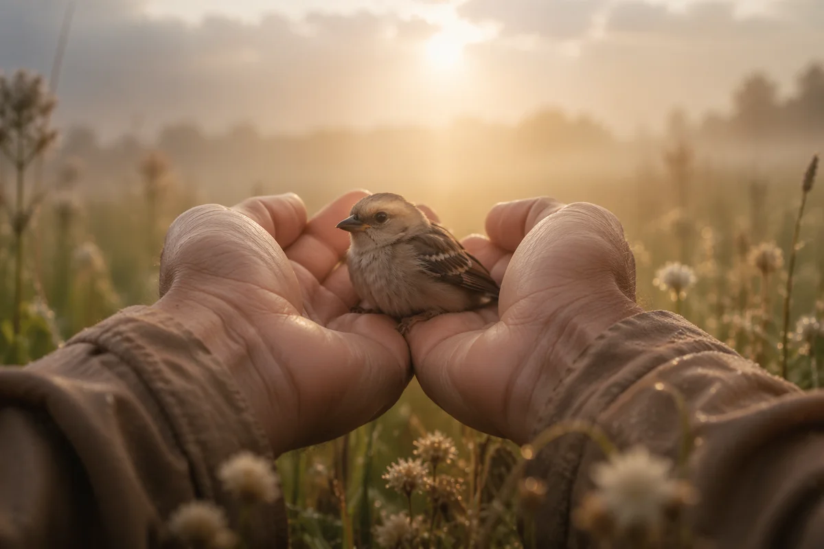 Gentle Hands Cradling Sparrow at Dawn