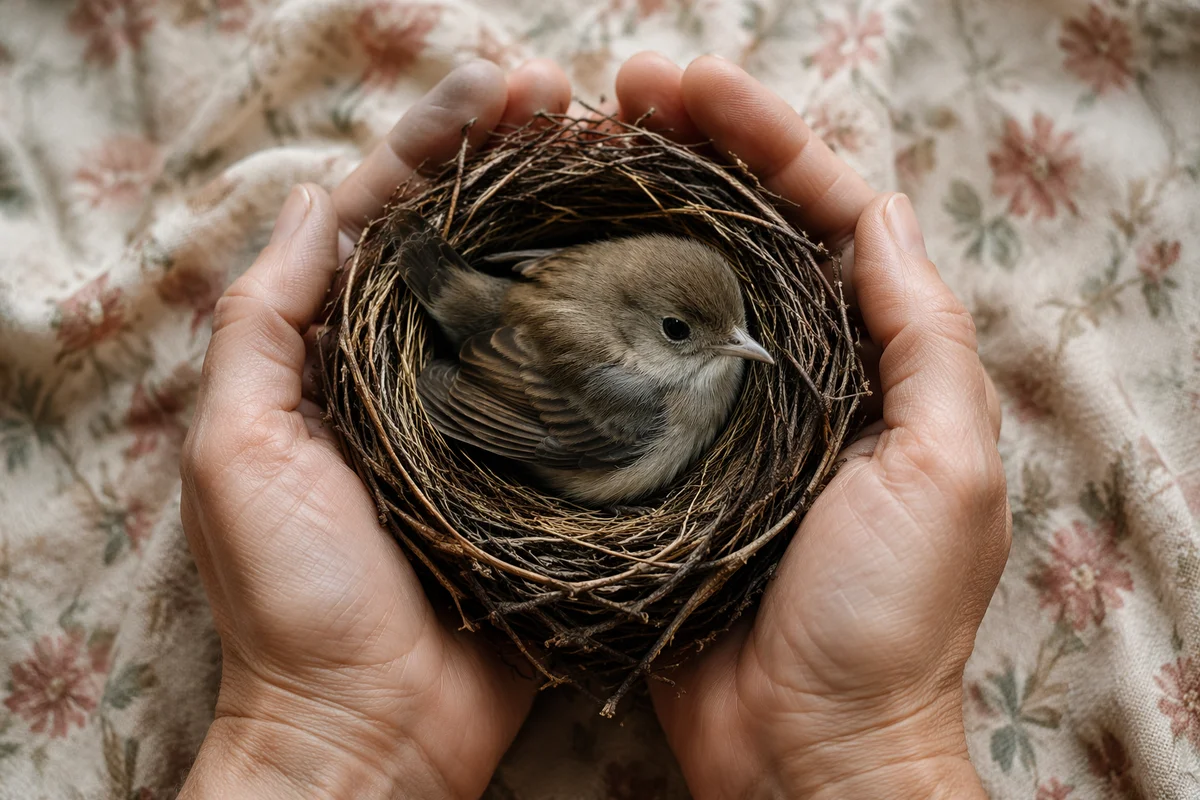 Gentle Hands Cradling Bird in Nest