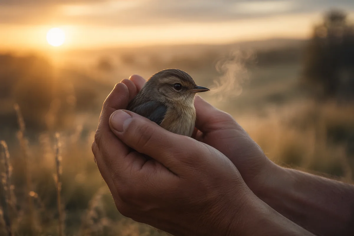 Gentle Hands Cradling Small Bird