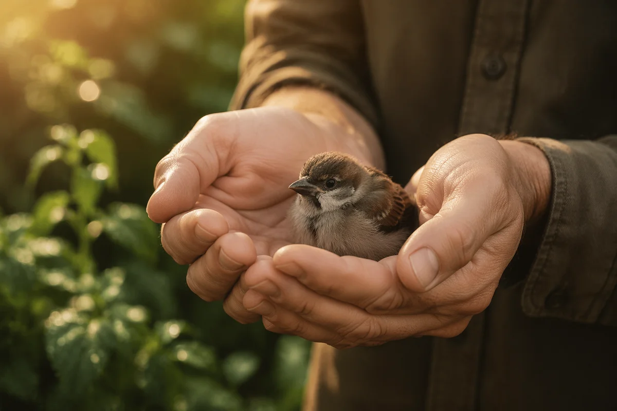 Gentle Hands Cradling Tiny Sparrow