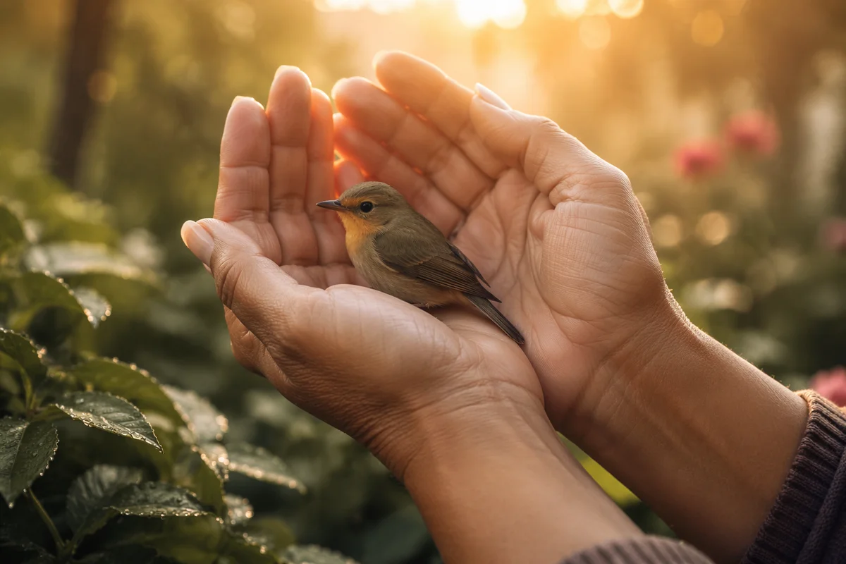 Gentle Hands Cradling a Small Bird
