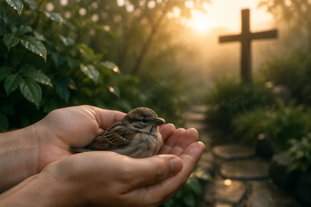 Gods Love Cradling a Rescued Sparrow