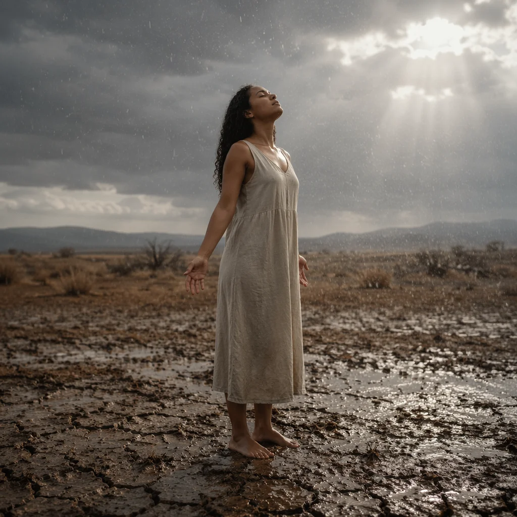 Woman in Gentle Rain on Dry Field