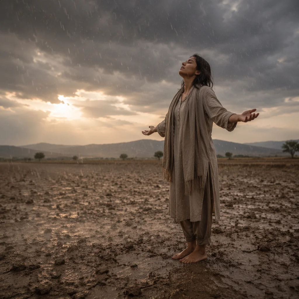 Woman Welcoming Rain on Dry Field