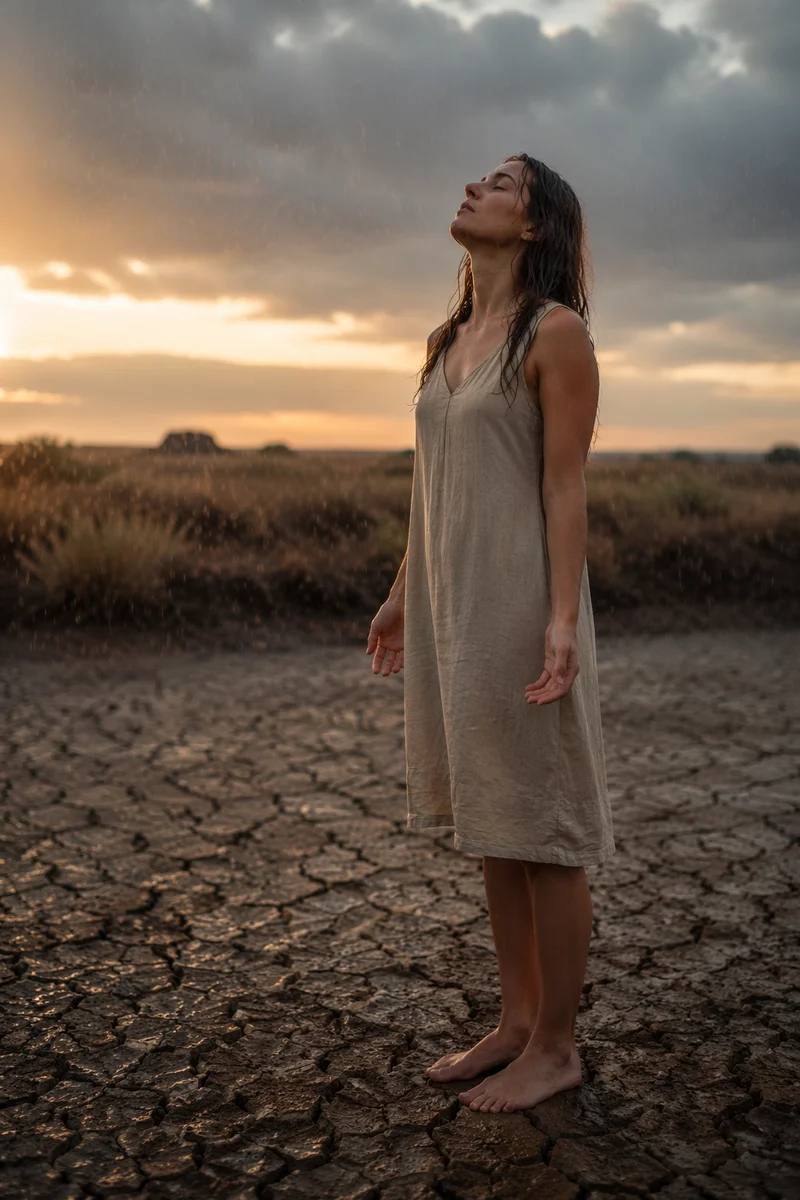 Young Woman in Rain on Dry Field