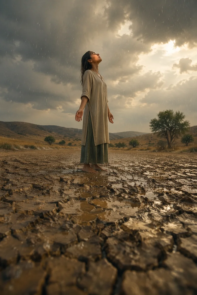 Young Woman in Rain on Dry Field