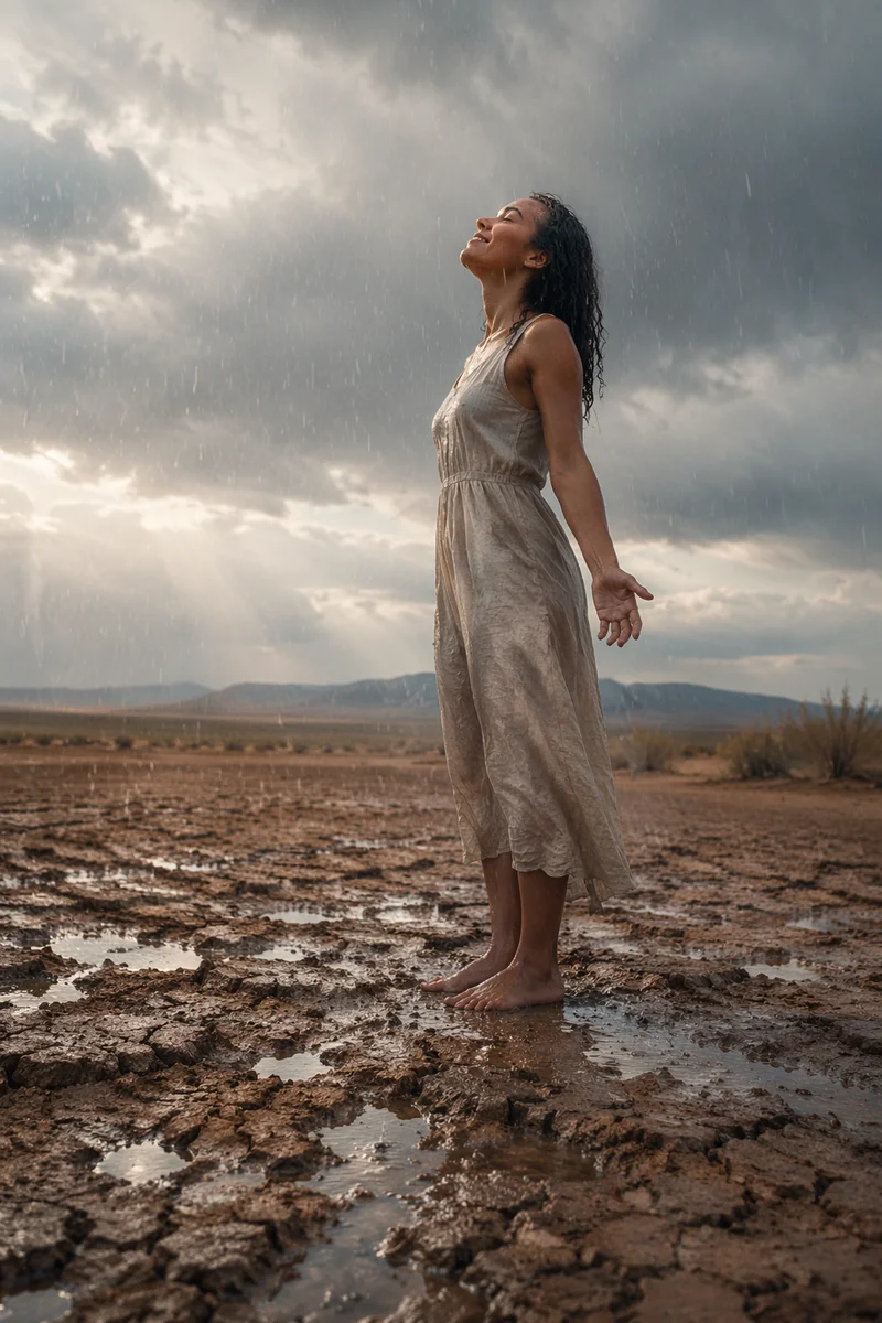 Young Woman in Rain on Dry Field