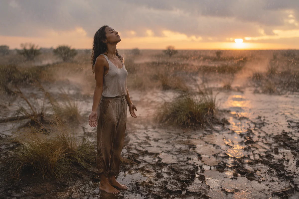 Woman in Rain Over Dry Field