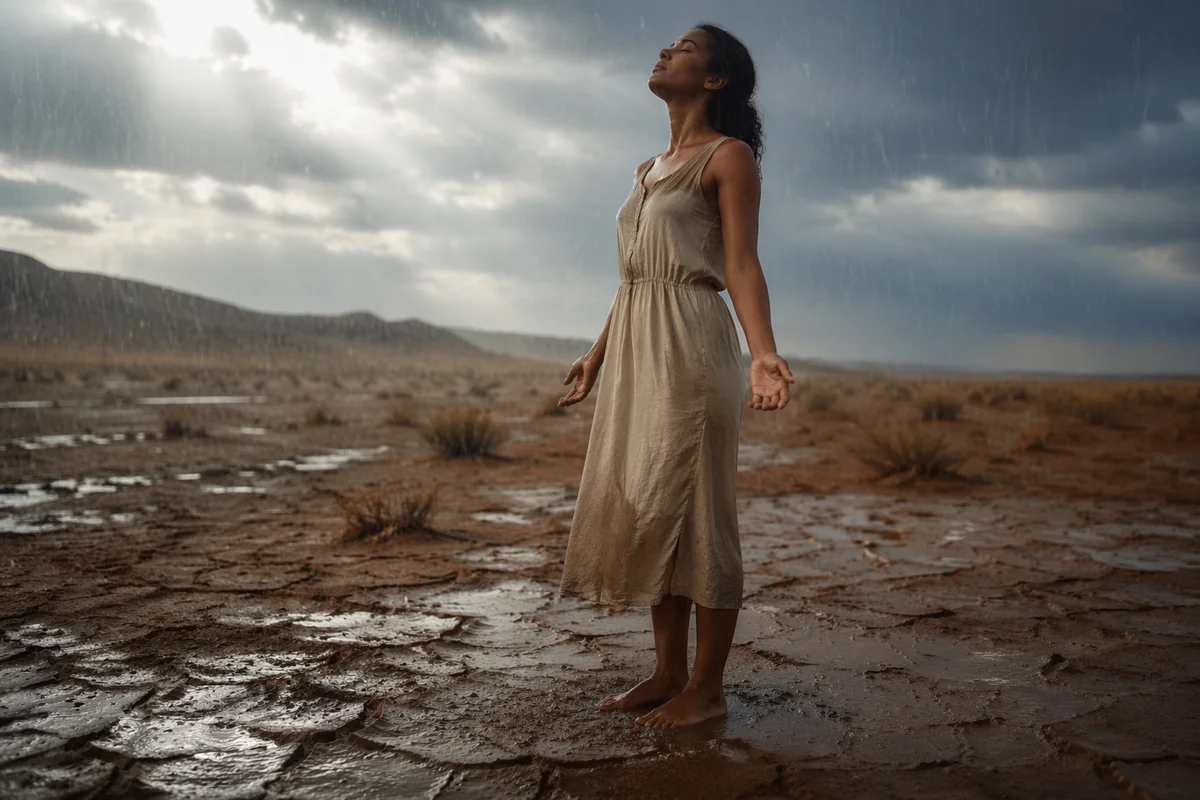 Woman Standing in Rain on Dry Earth
