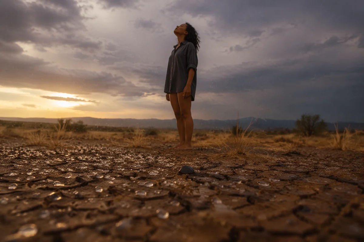 First Rain on Cracked Earth at Dusk