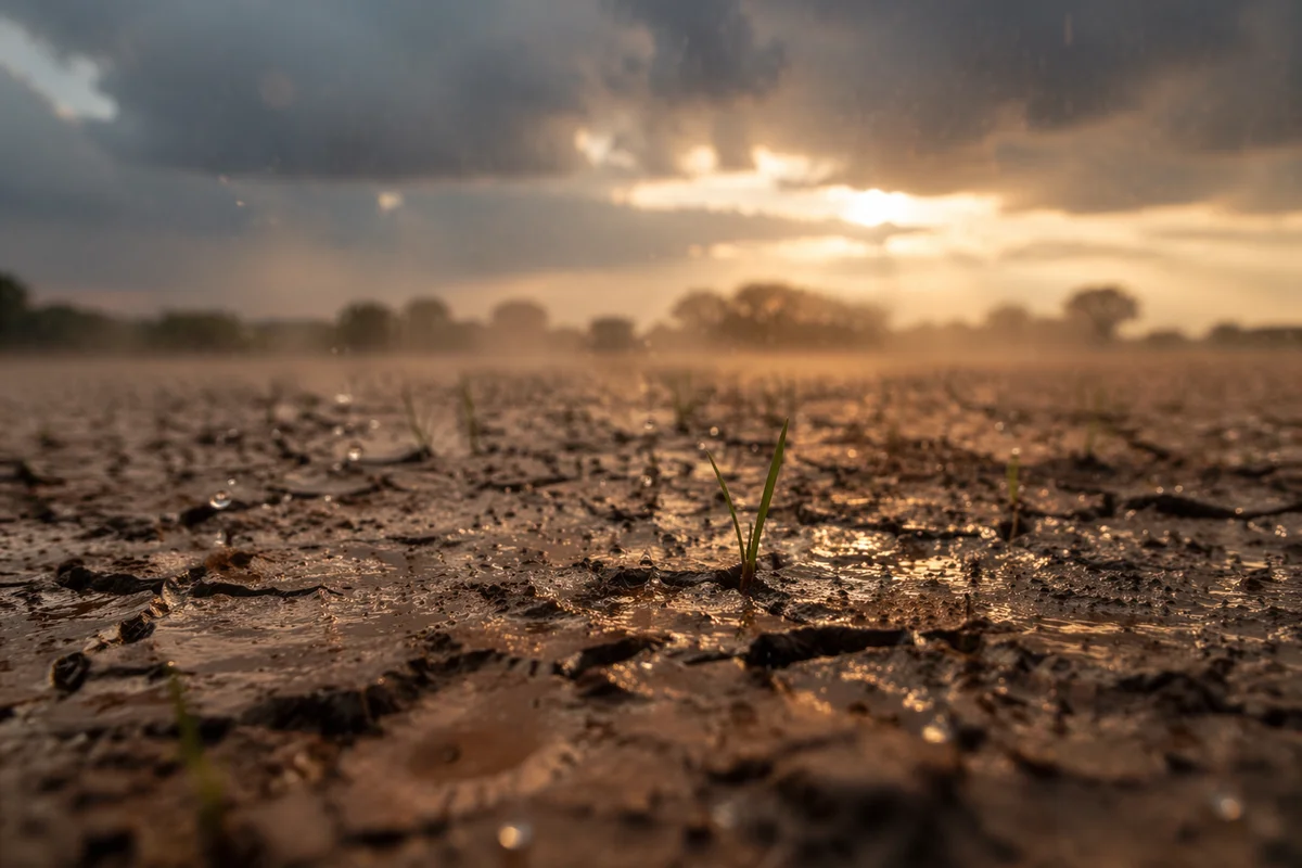 Gentle Rain on Cracked Earth at Dusk