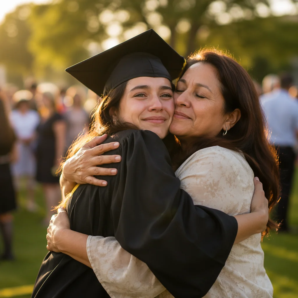 Mother Hugging Graduate Daughter at Sunset
