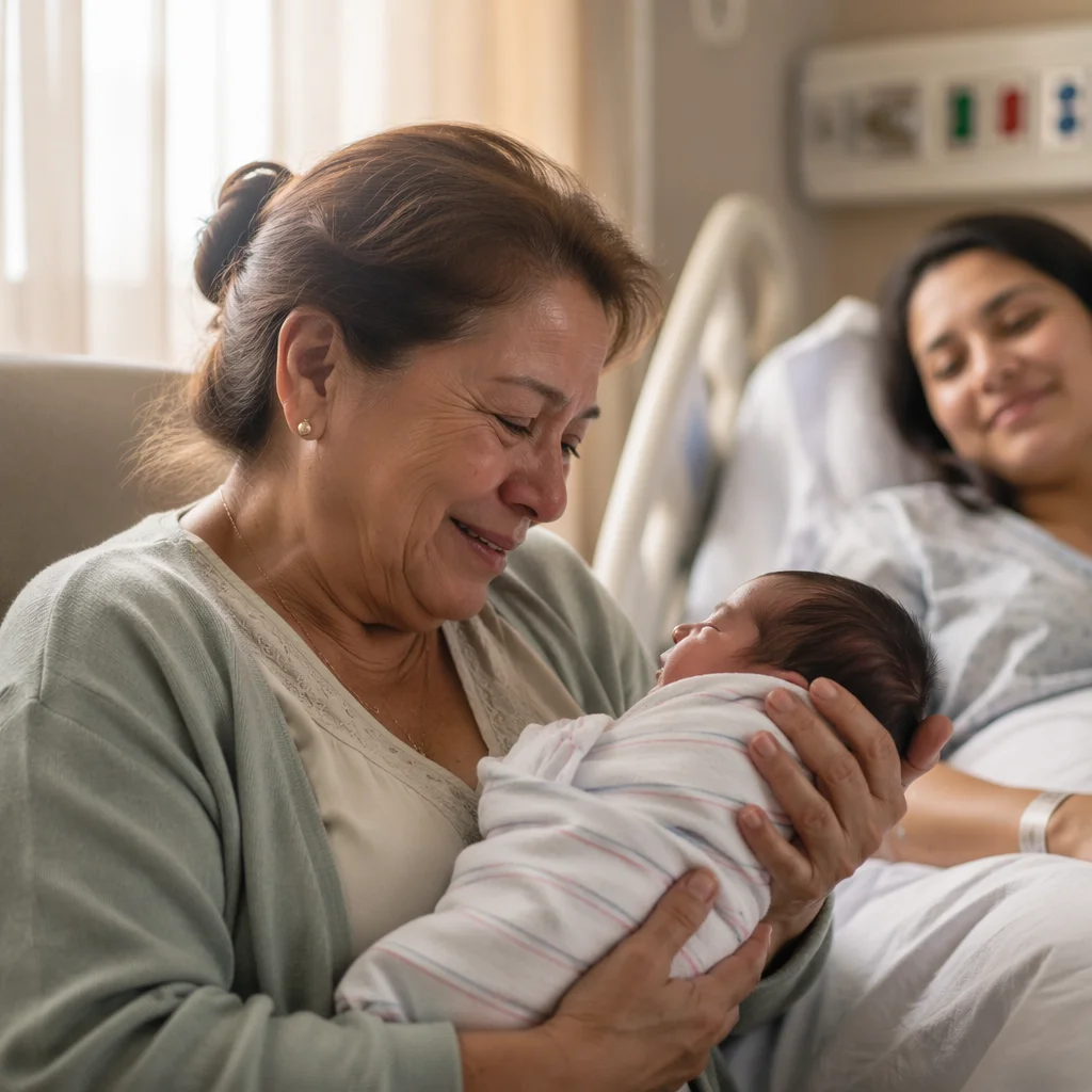 Grandmother Holding Newborn in Hospital Room