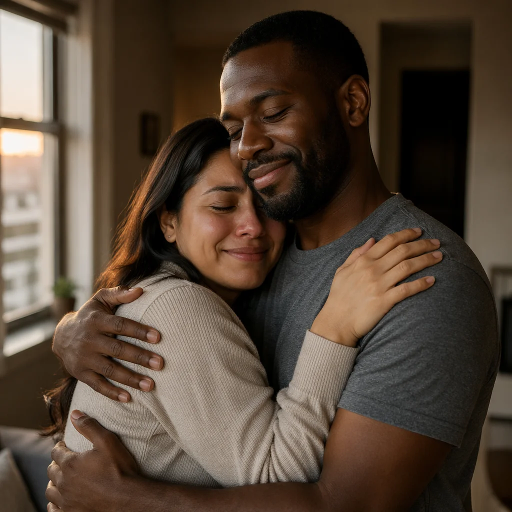 Grateful Couple Embracing by Sunlit Window