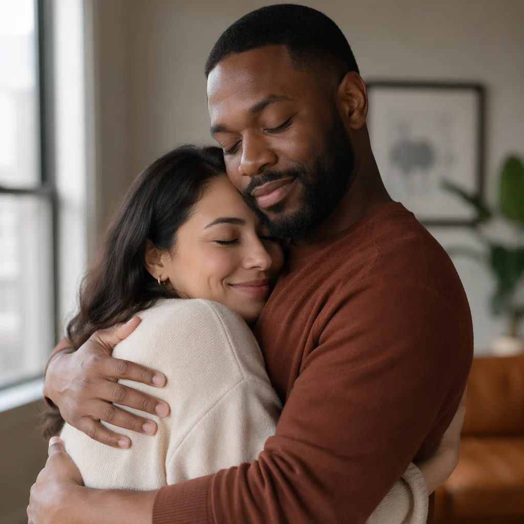 Grateful Couple Embracing by Sunlit Window