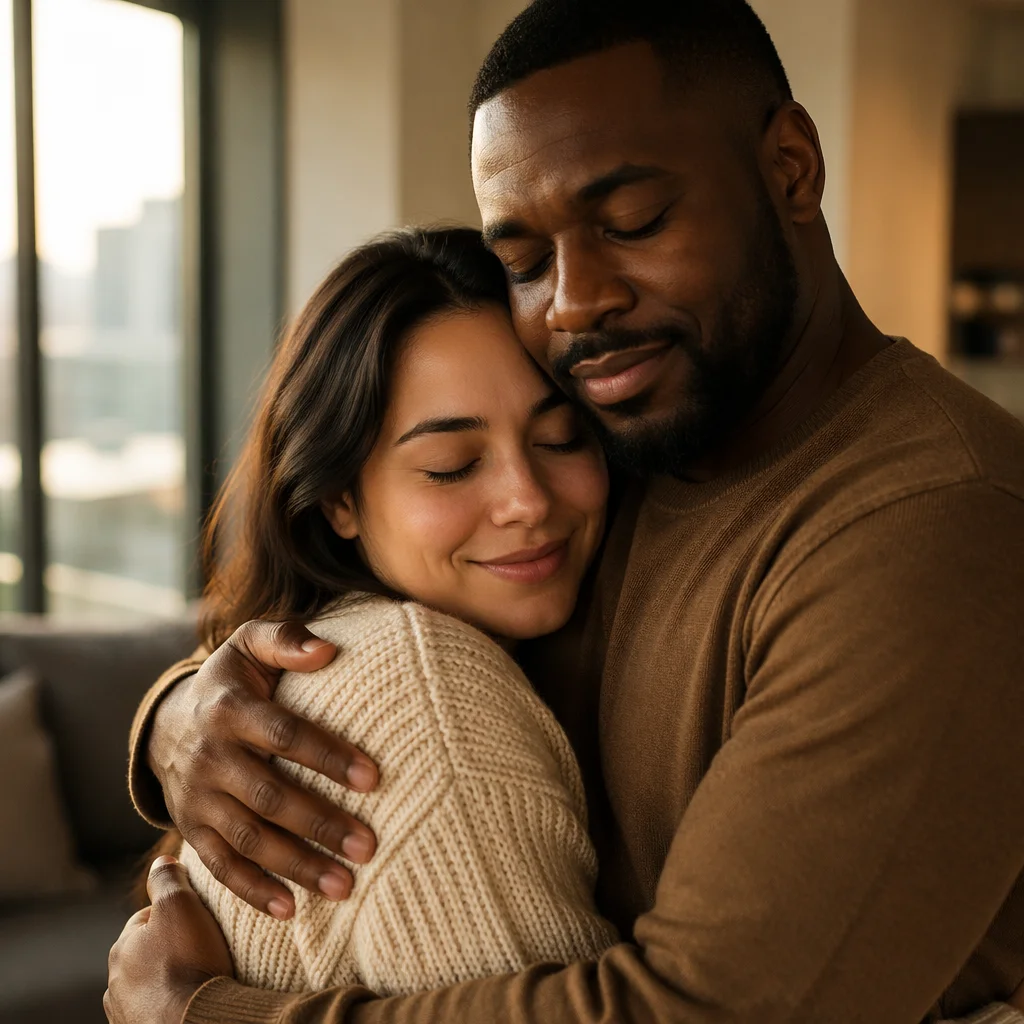Grateful Couple Embracing by Sunlit Window