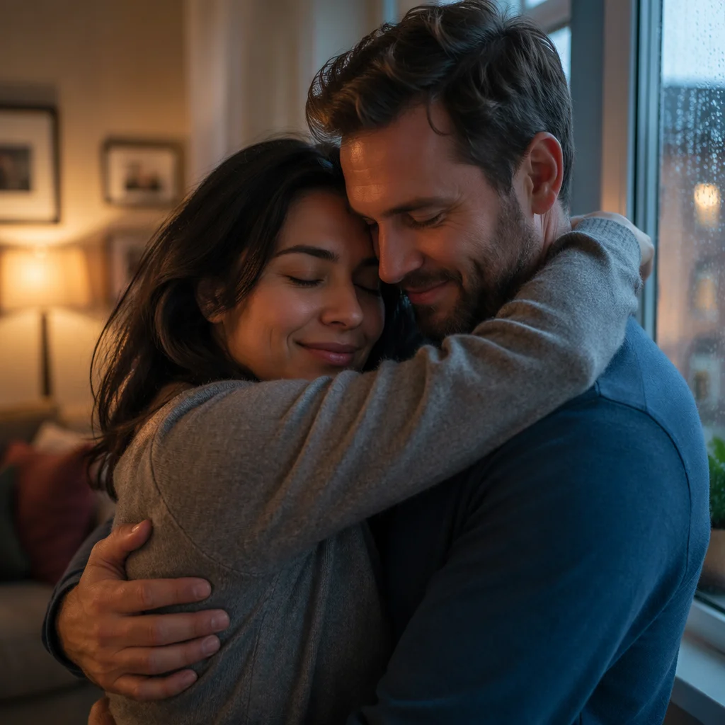 Close Up Couple Embracing by Window