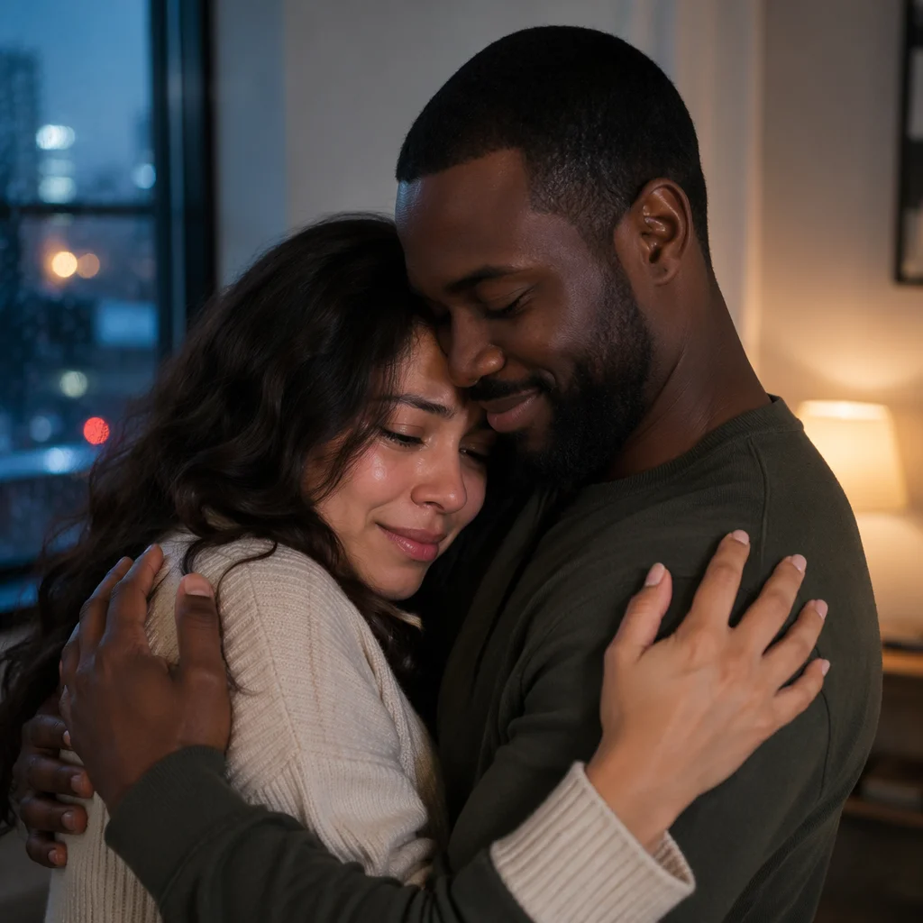 Grateful Couple Embracing by Rainy Window