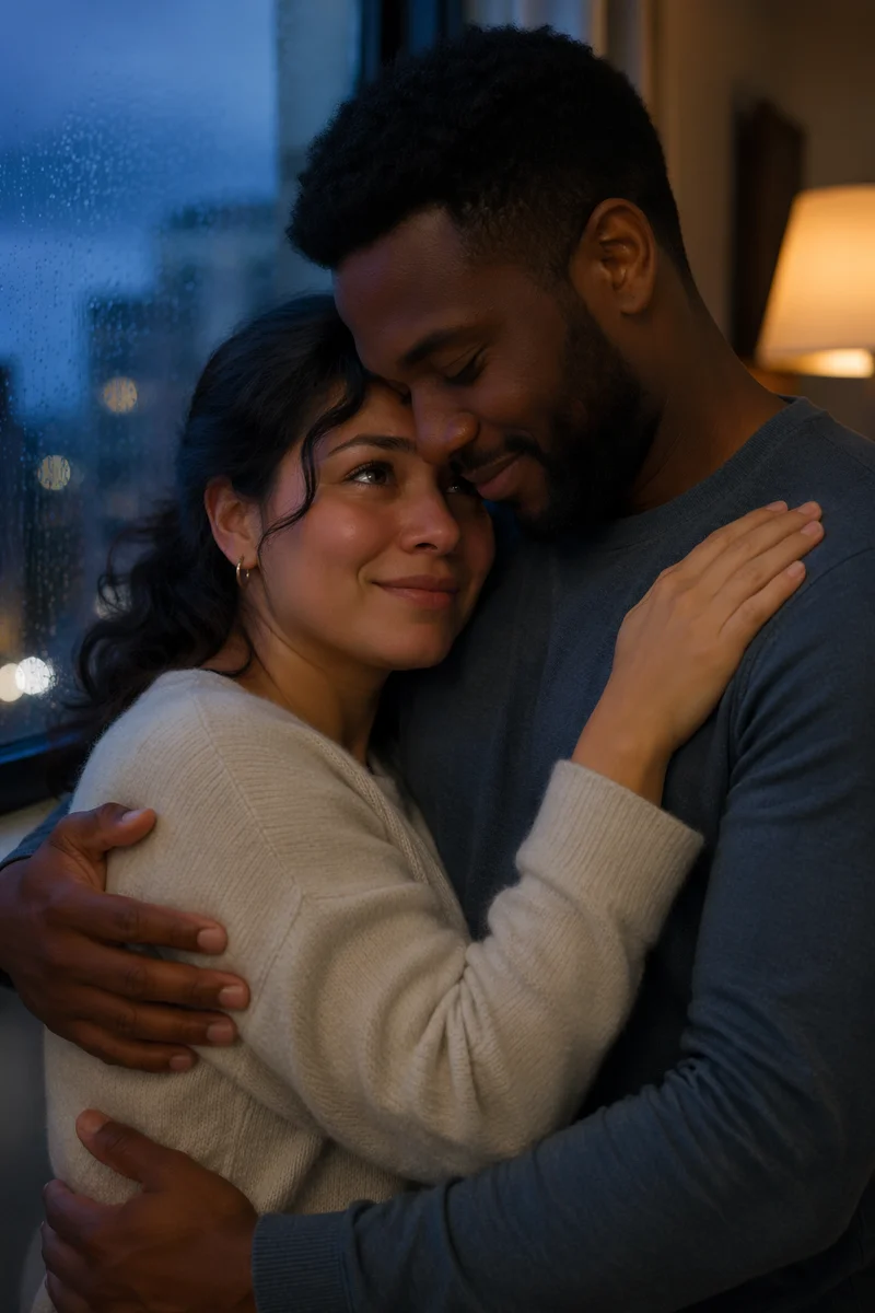 Grateful Couple Embracing by Rainy Window