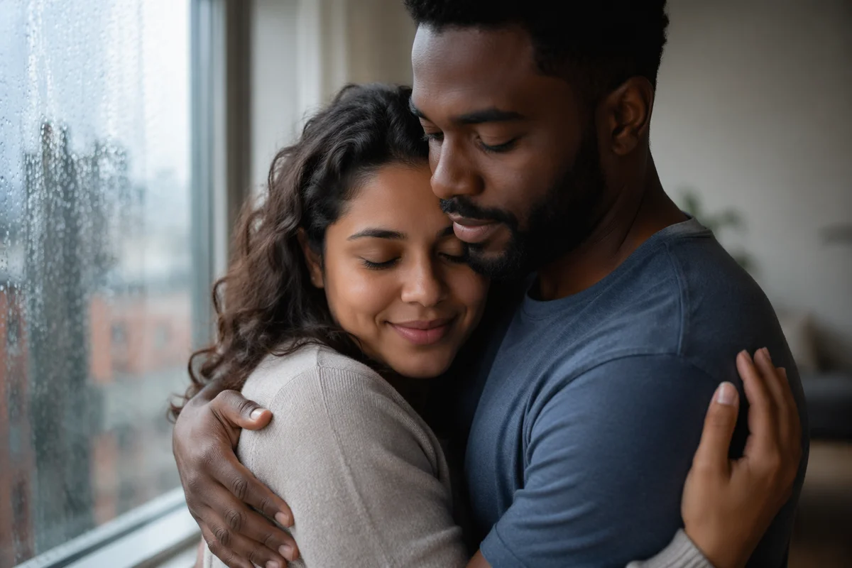 Grateful Couple Embracing by Rainy Window