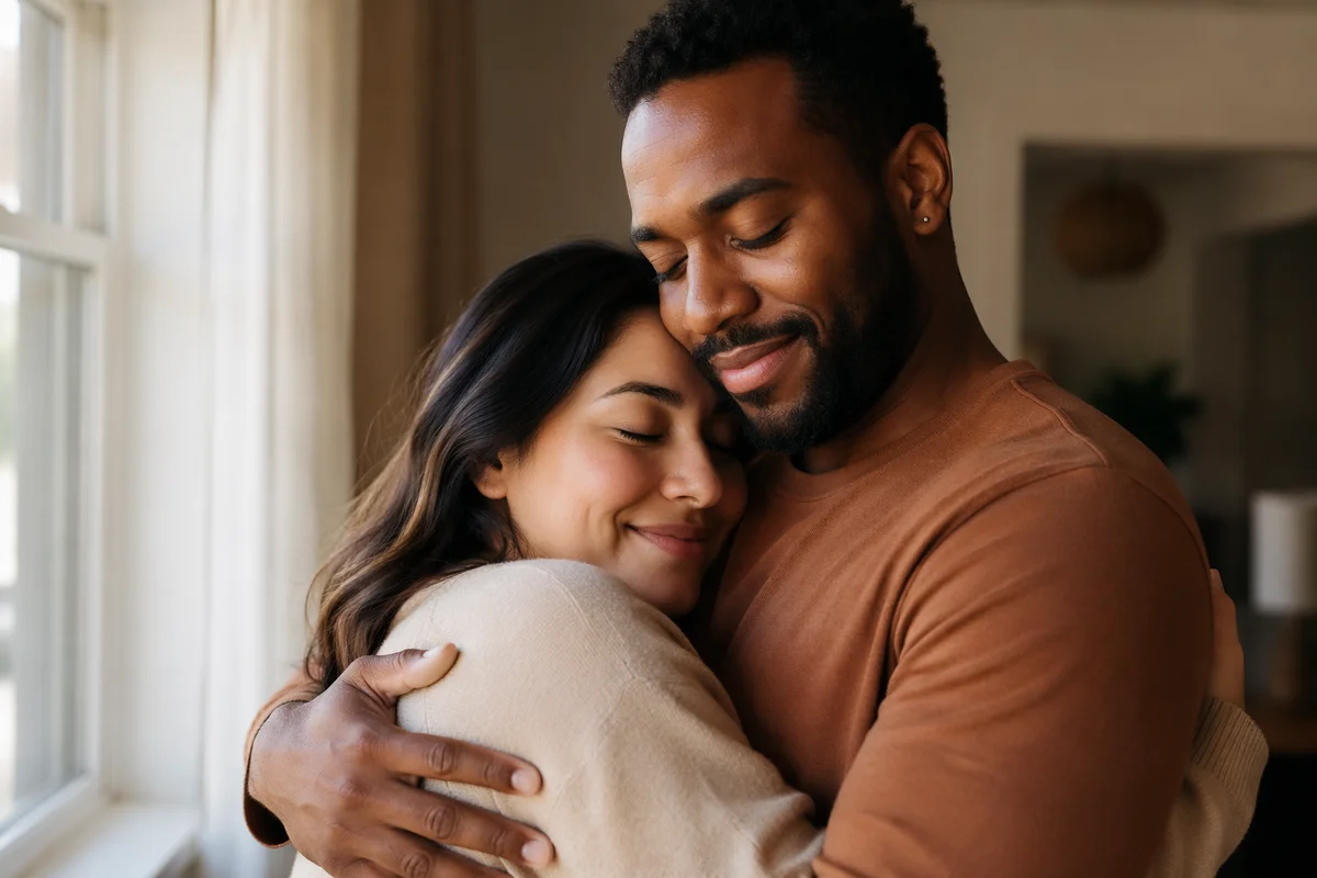 Grateful Couple Embracing by Sunlit Window