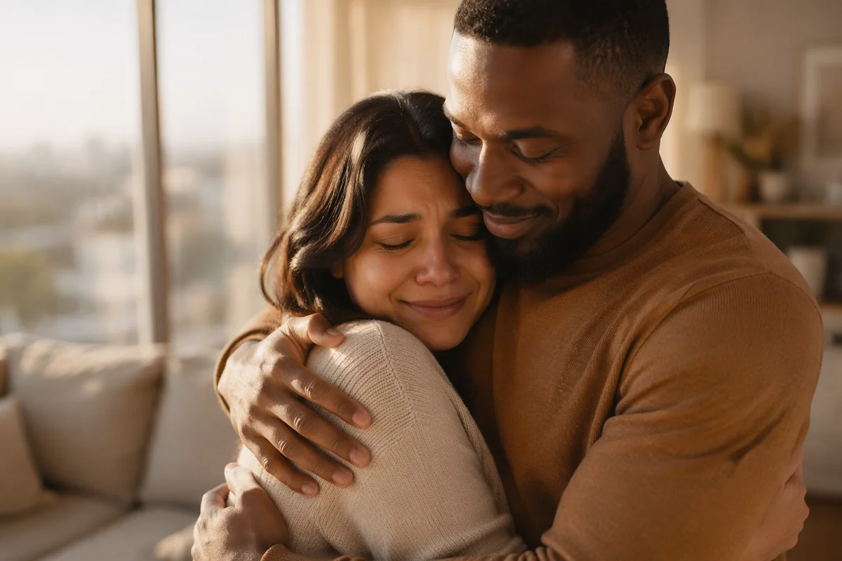 Emotional Couple Embracing by Sunlit Window