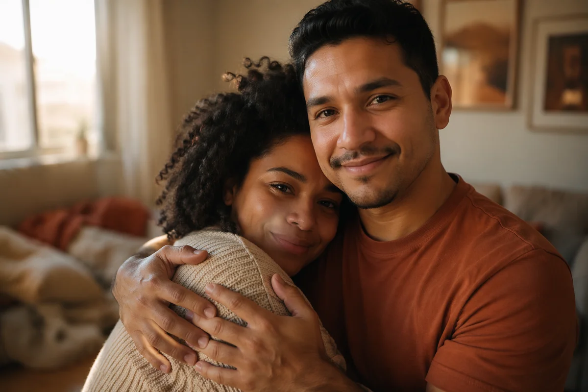Emotional Couple Embracing by Sunlit Window