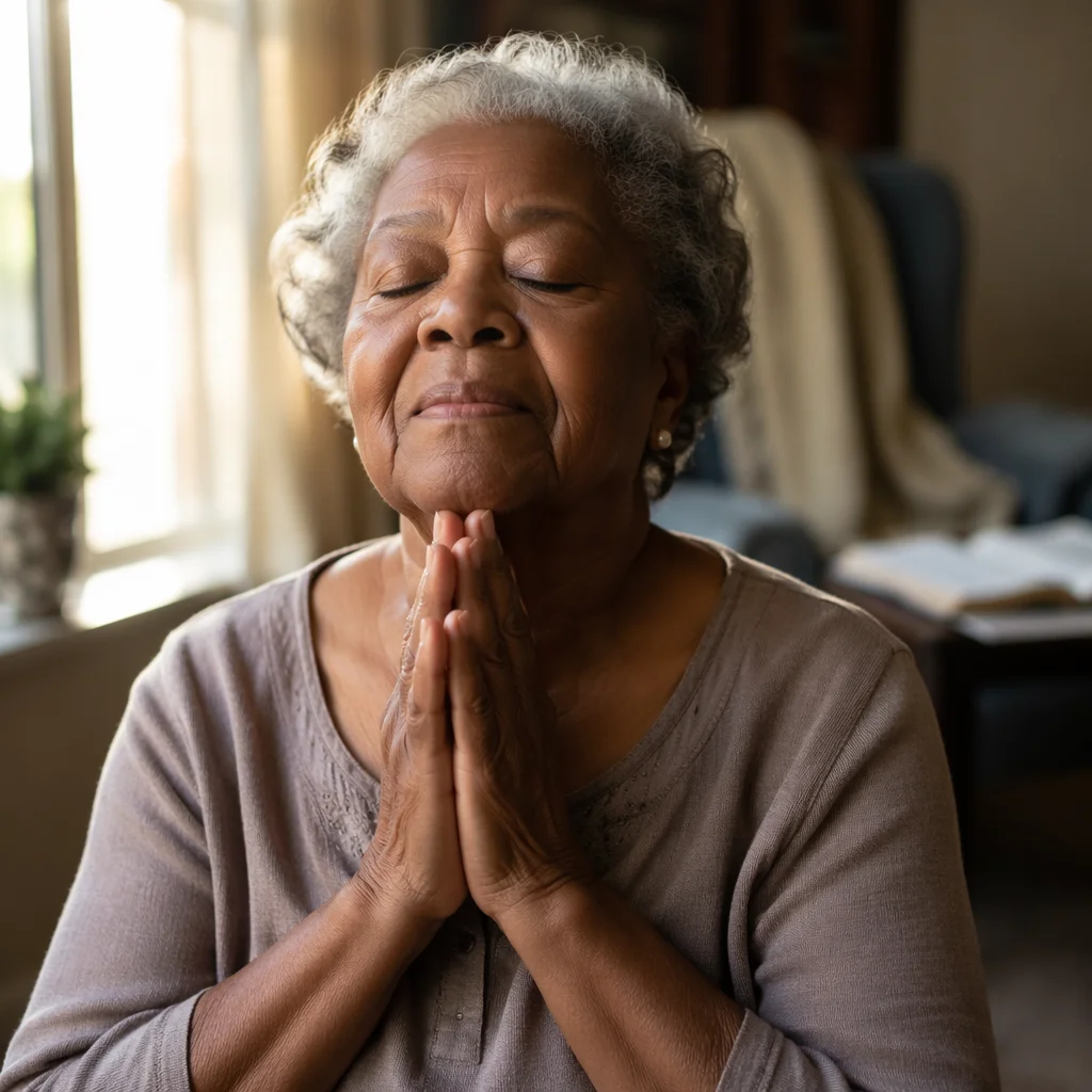 Elderly Woman Praying by Sunlit Window