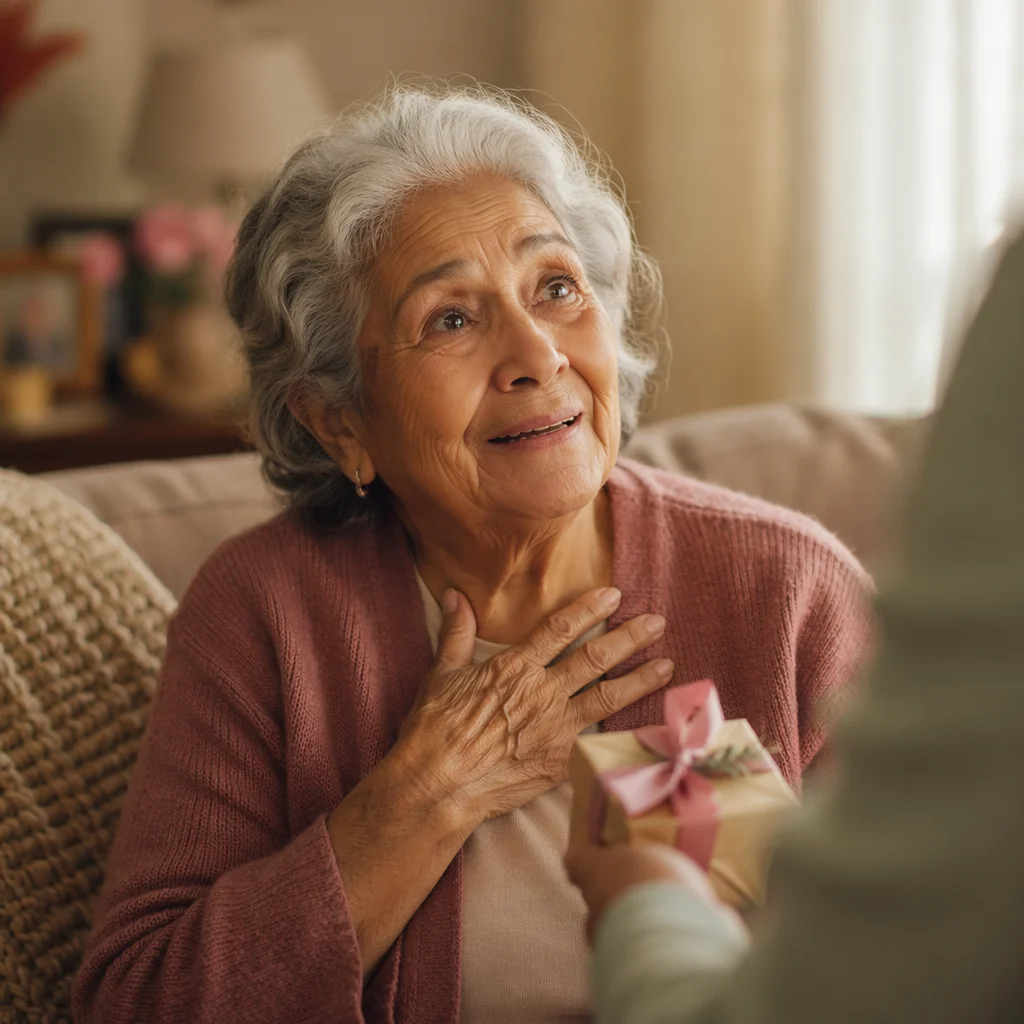 Grandmother Receiving Wrapped Gift in Living Room