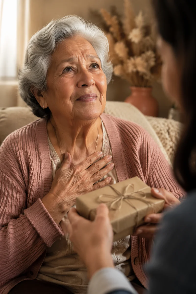 Grandmother Receiving Wrapped Gift Close Up