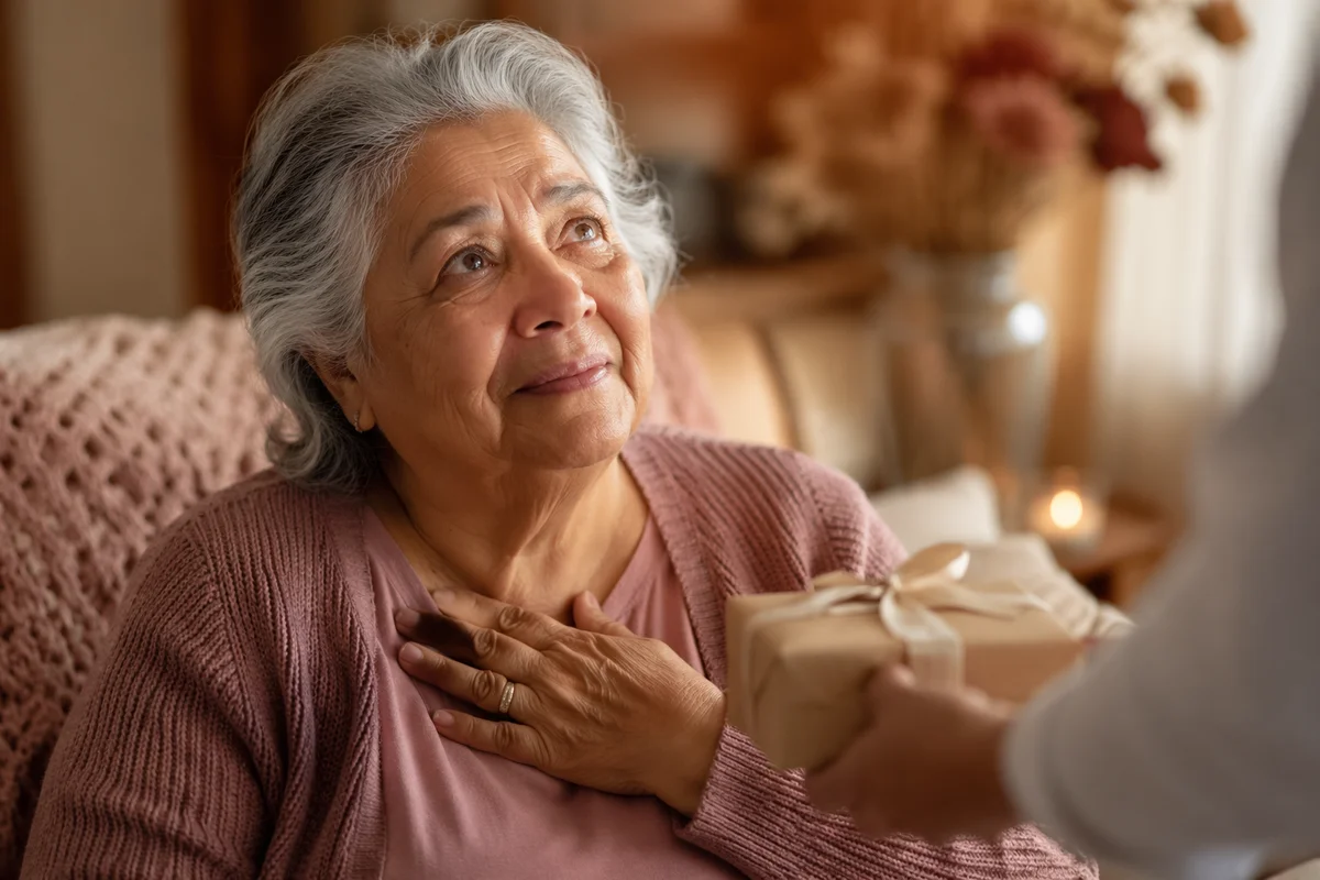 Grateful Grandmother Receiving Wrapped Gift Close Up